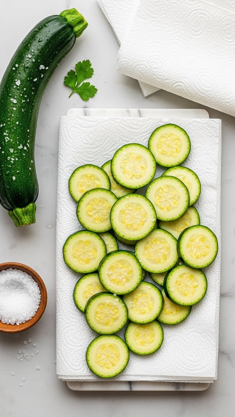 Zucchini Slices Resting On White Paper Towels Sprinkled With Salt To Absorb Moisture In Kitchen Setting.