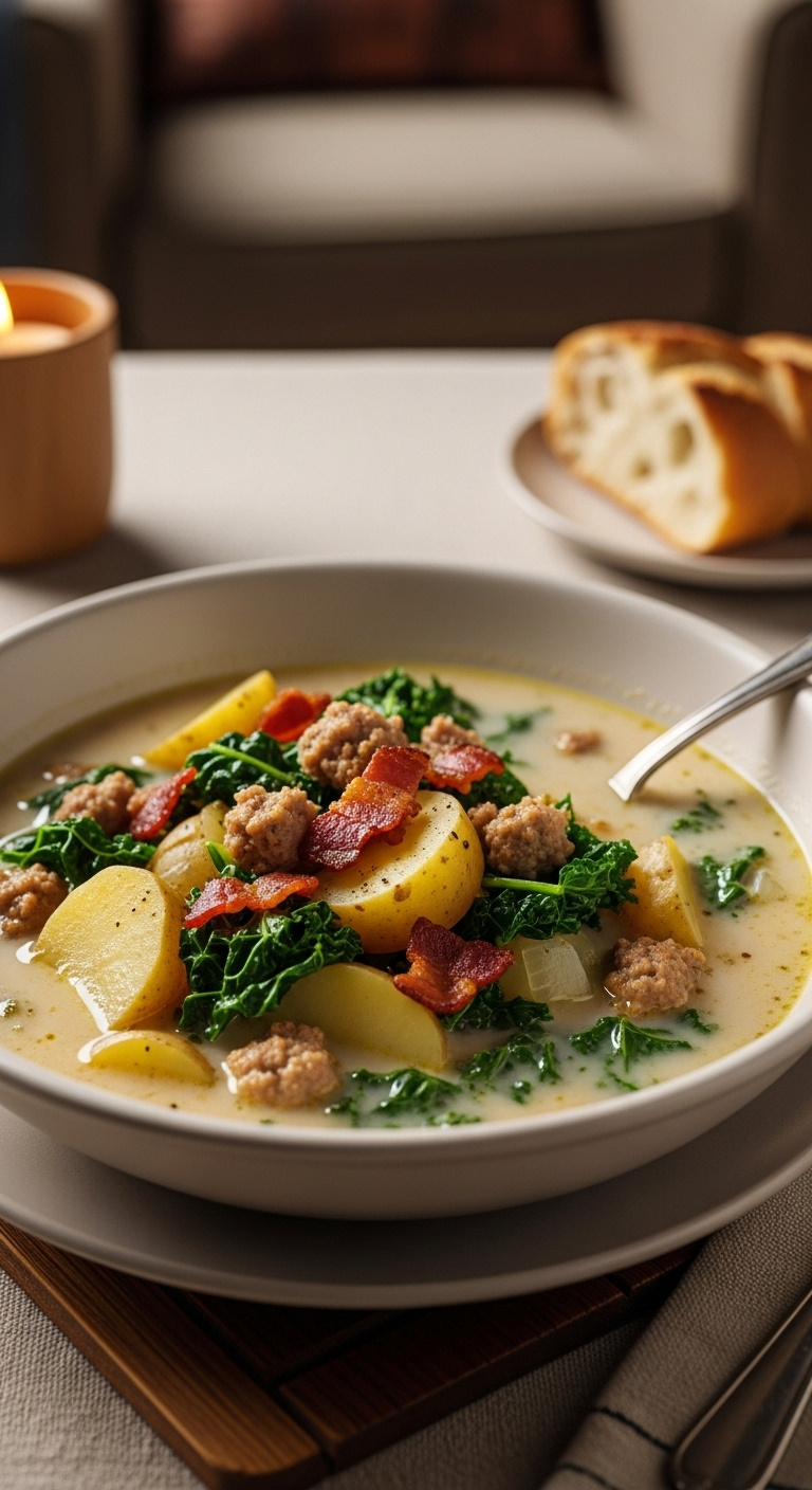 Zuppa Toscana With Potato Italian Sausage Kale And Bacon In Soup Bowl On Wooden Placemat With Spoon And Bread