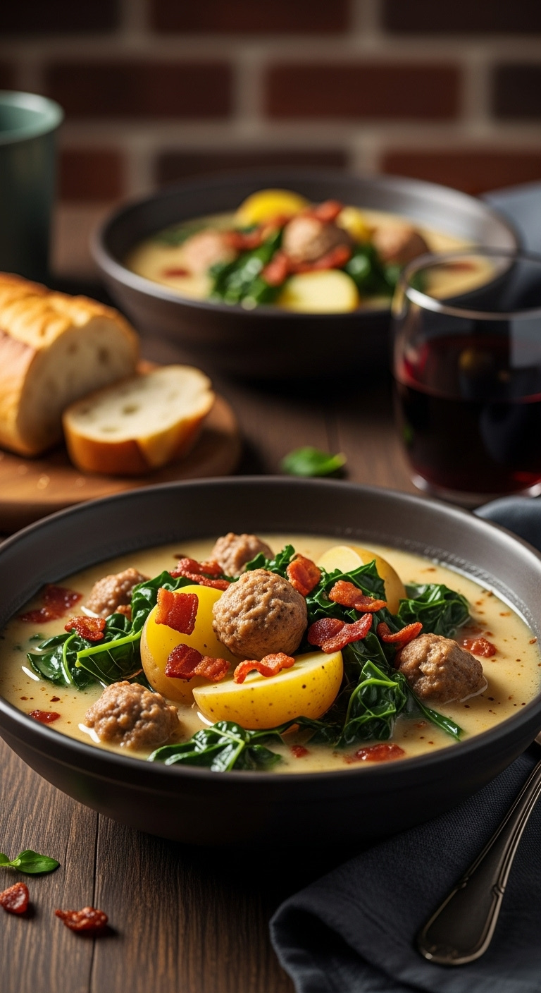 Zuppa Toscana With Sausage Kale And Bacon In Rustic Bowl On Dark Wooden Table With Crusty Bread Red Wine