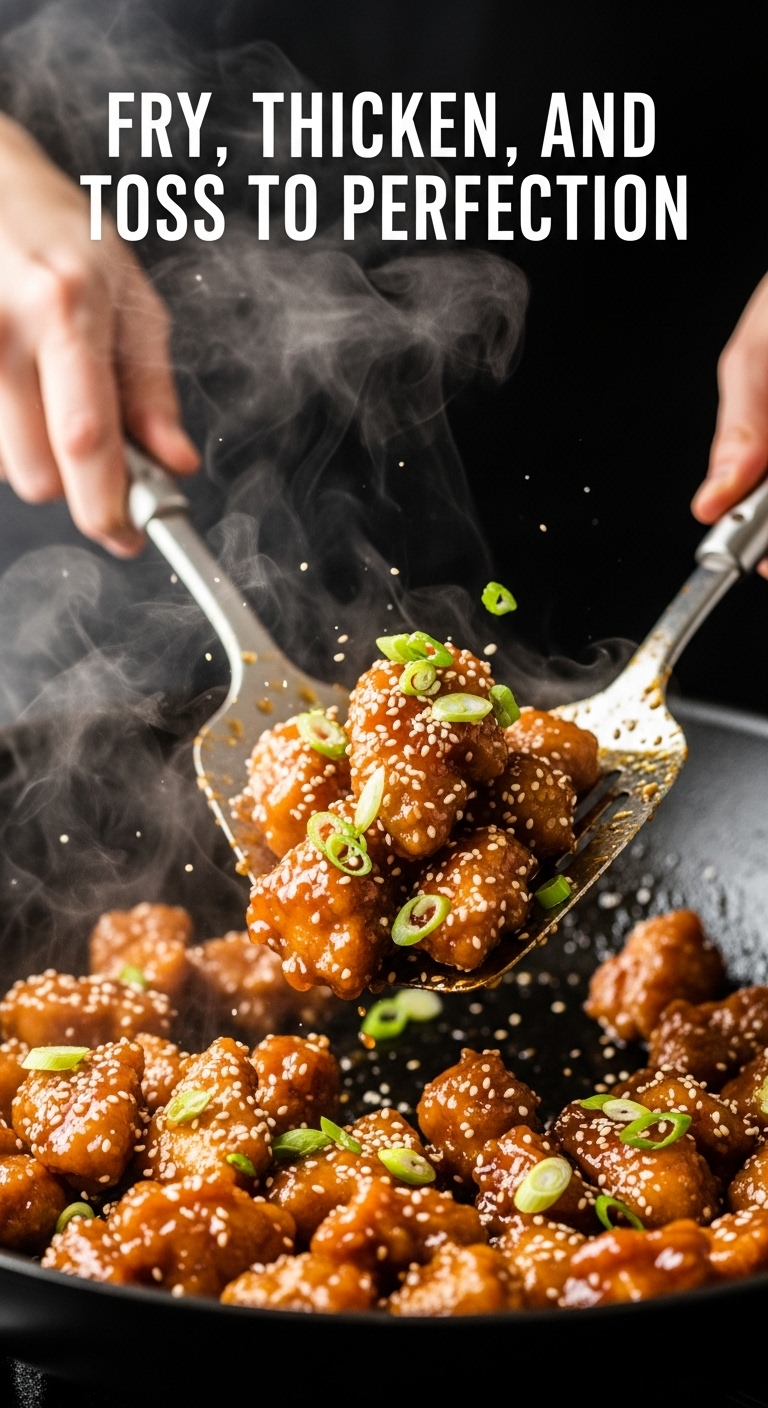 Action Shot Of Crispy Orange Chicken Being Tossed In Wok With Sesame Seeds And Green Onions