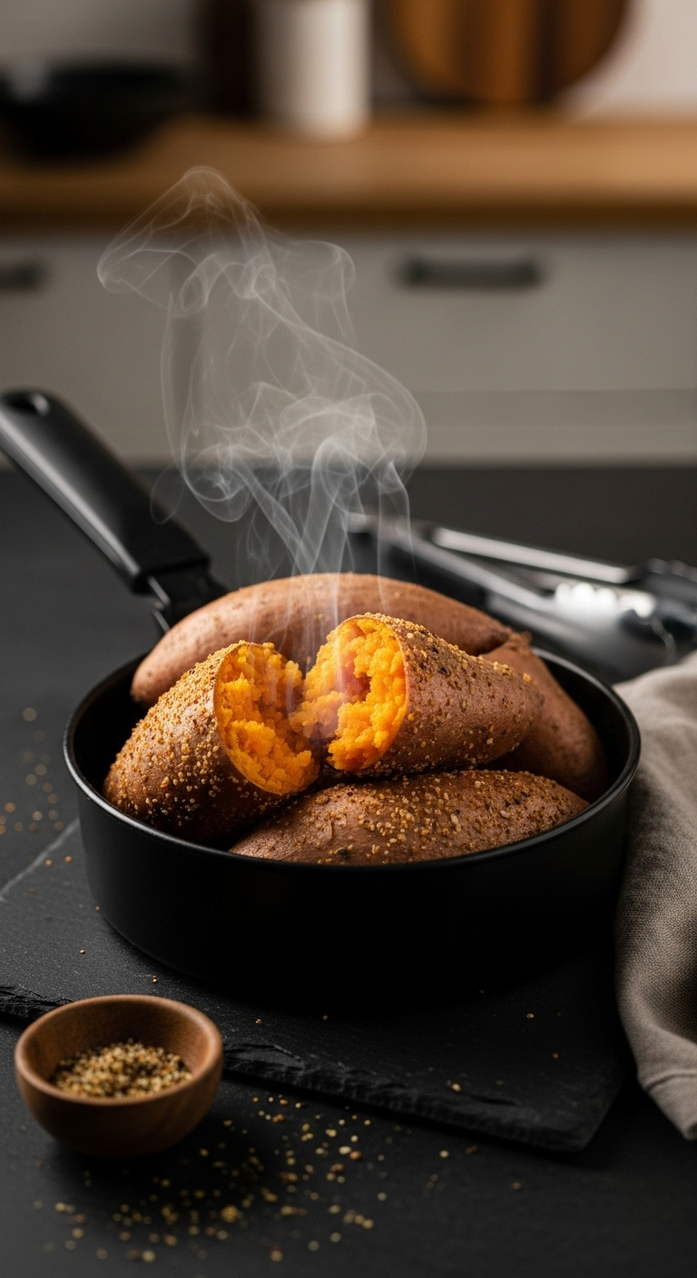 Air Fried Sweet Potatoes Crispy Golden Brown Slate Board Seasoning Kitchen Tongs Linen Dishtowel Vertical