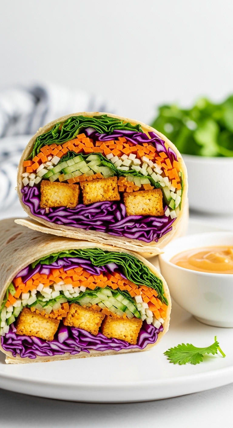 Asian-Peanut-Tofu-Wrap-Cut-Cross-Section-Shredded-Veggies-Crispy-Tofu-Peanut-Sauce-Dipping-Plate