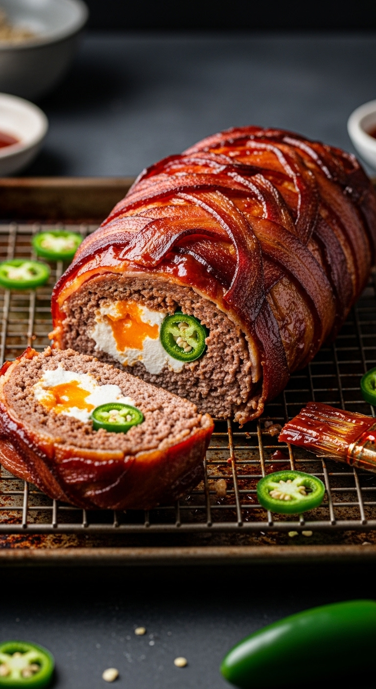Bacon Wrapped Jalapeno Popper Meatloaf With Bbq Glaze And Creamy Cheese Filling On Cooling Rack With Jalapenos And Basting Brush