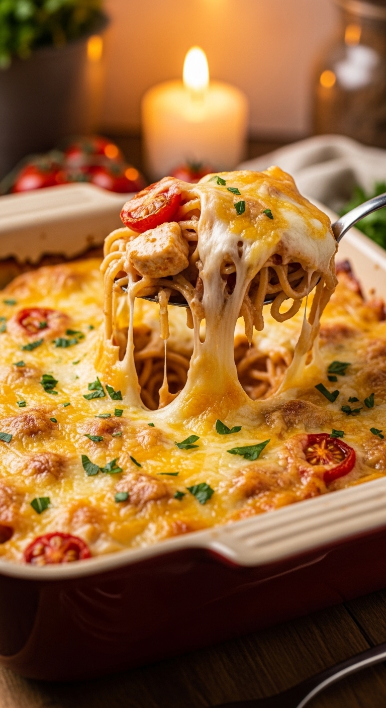Baked Chicken Spaghetti With Cheese Pull In Rustic Dish