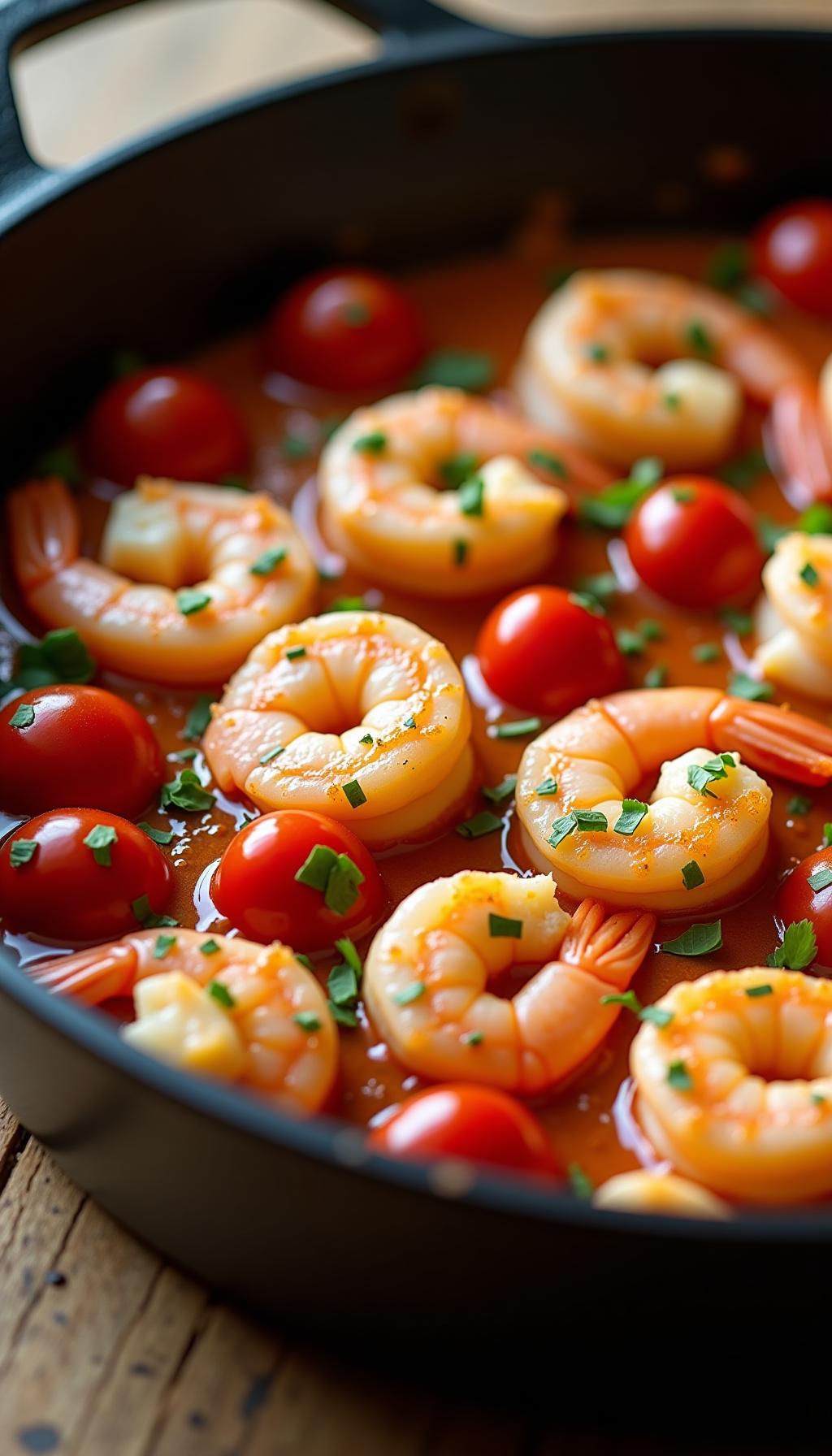 Baked Shrimp With Tomatoes And Melted Feta In Cast Iron Skillet Garnished With Parsley