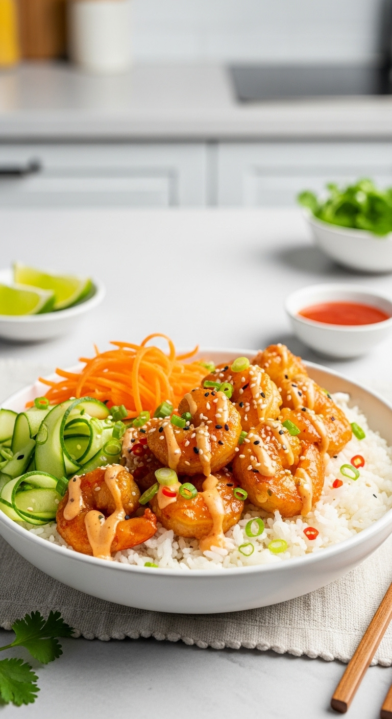 Bang Bang Shrimp Rice Bowl Crispy Shrimp Spicy Sauce Cucumber Carrots Green Onions Sesame Seeds Sweet Chili Sauce Lime Cilantro Vertical