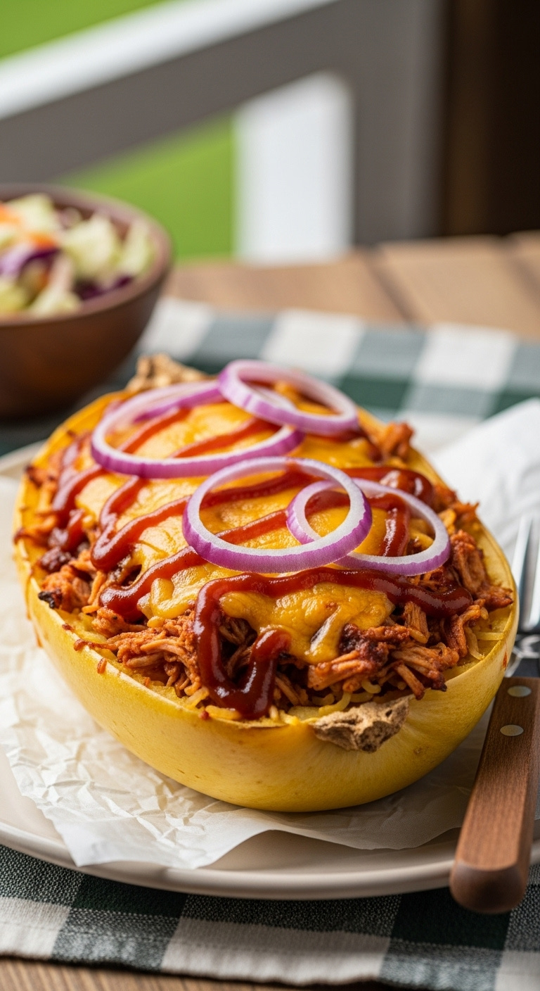 Barbecue Chicken Stuffed Spaghetti Squash Boat With Shredded Bbq Chicken Melted Cheddar Red Onion Drizzle On Checked Tablecloth With Coleslaw And Fork