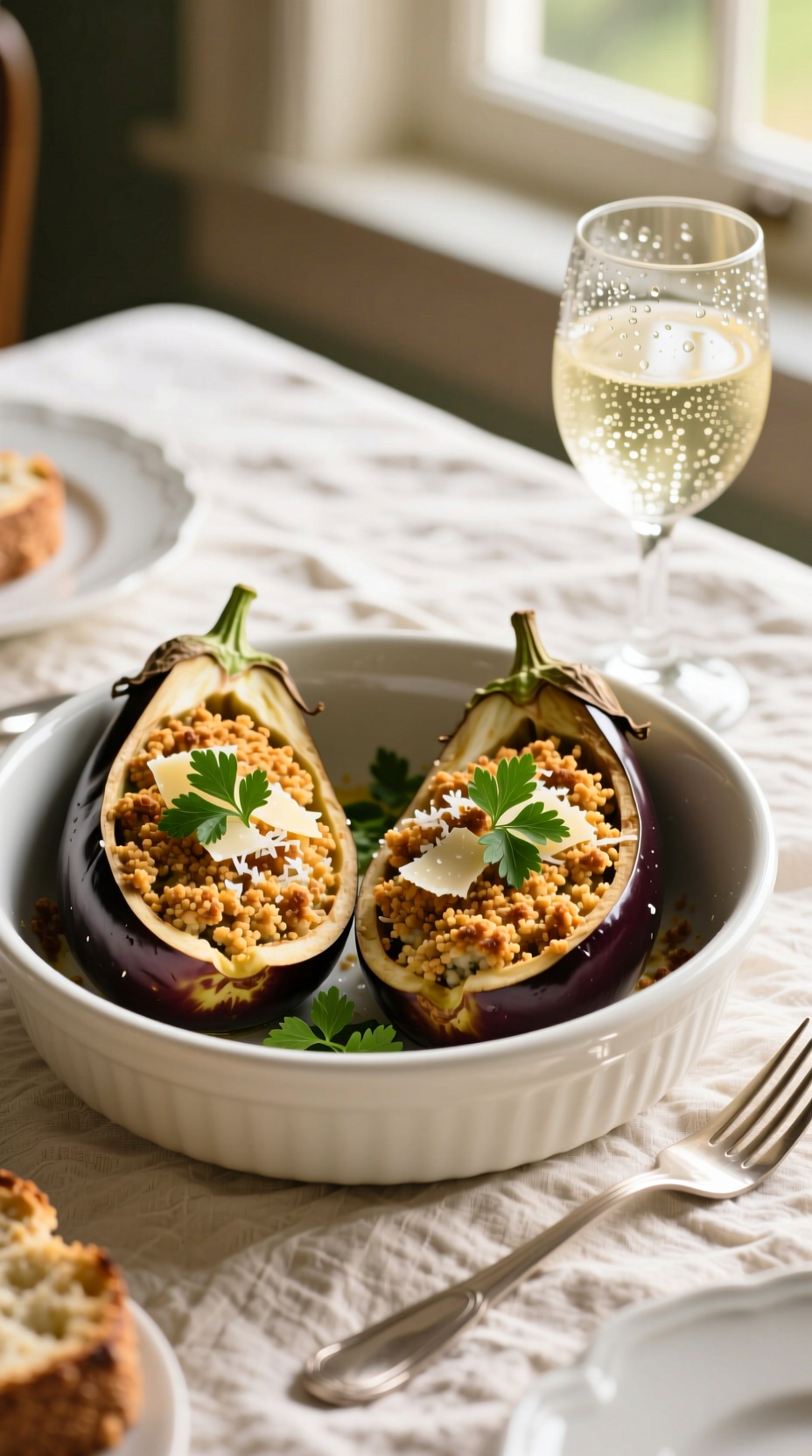 Barefoot Contessa Inspired Stuffed Eggplant With Breadcrumb Parsley Parmesan Topping In White Baking Dish On Linen With Glass Of White Wine And Fork