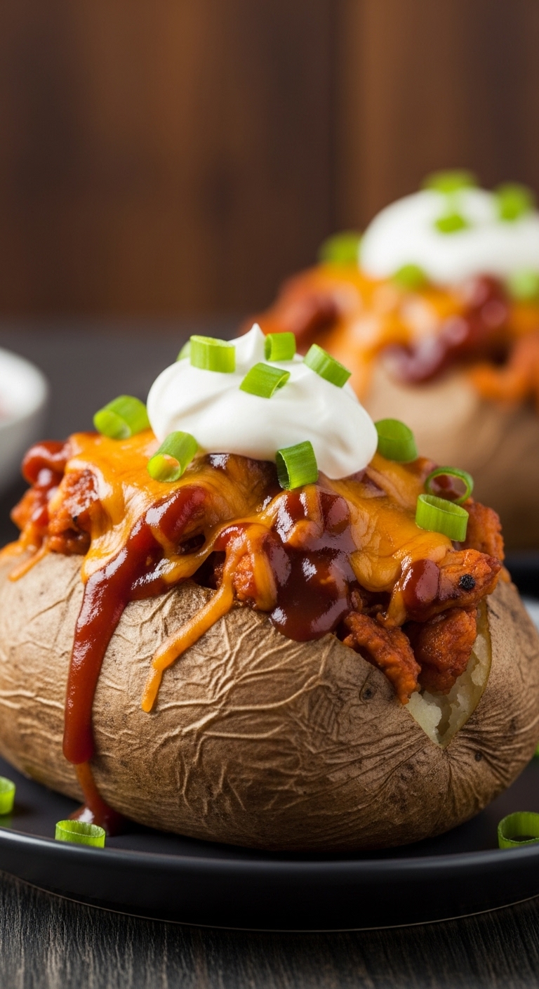 Bbq Chicken Baked Potato With Melted Cheese Sour Cream And Green Onions On Dark Plate Against Wooden Background