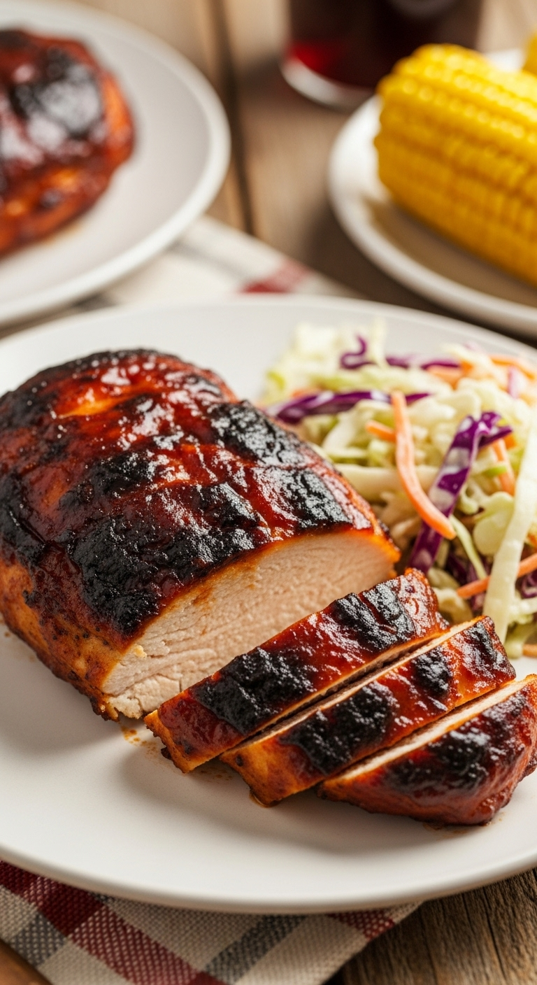 Bbq-Chicken-Breast-Sliced-Juicy-Thick-Sauce-Coleslaw-Corn-Picnic-Tablecloth
