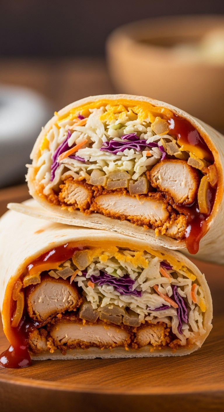 Bbq-Chicken-Coleslaw-Crunch-Wrap-Sliced-Bbq-Sauce-Creamy-Slaw-Crunchy-Onions-Wood-Platter