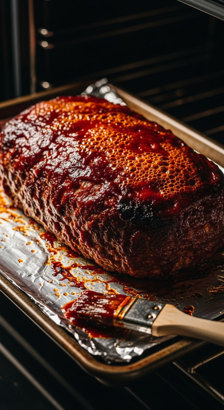 Bbq Glazed Meatloaf Fresh From Oven On Foil Lined Baking Sheet With Basting Brush And Slightly Charred Caramelized Edges