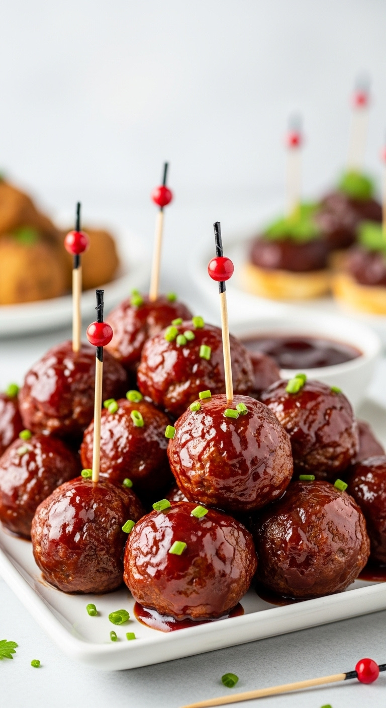 Bbq-Grape-Jelly-Meatballs-Platter-Toothpicks-Garnish-Party-Appetizer-85Mm-Lens-Portrait