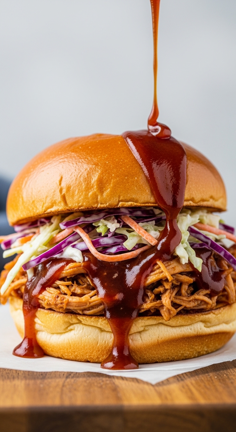 Bbq Pulled Chicken Sandwich With Creamy Coleslaw Overflowing From Brioche Bun With Drip Of Sauce On Rustic Wooden Board