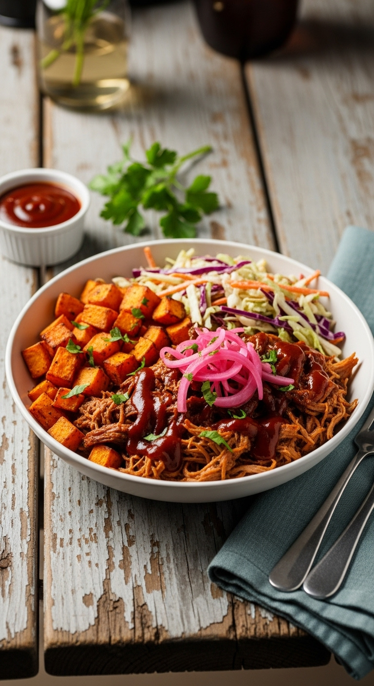 Bbq Pulled Pork Sweet Potato Bowl Roasted Sweet Potato Coleslaw Pickled Red Onions Bbq Sauce Rustic Wood Picnic Table Vertical