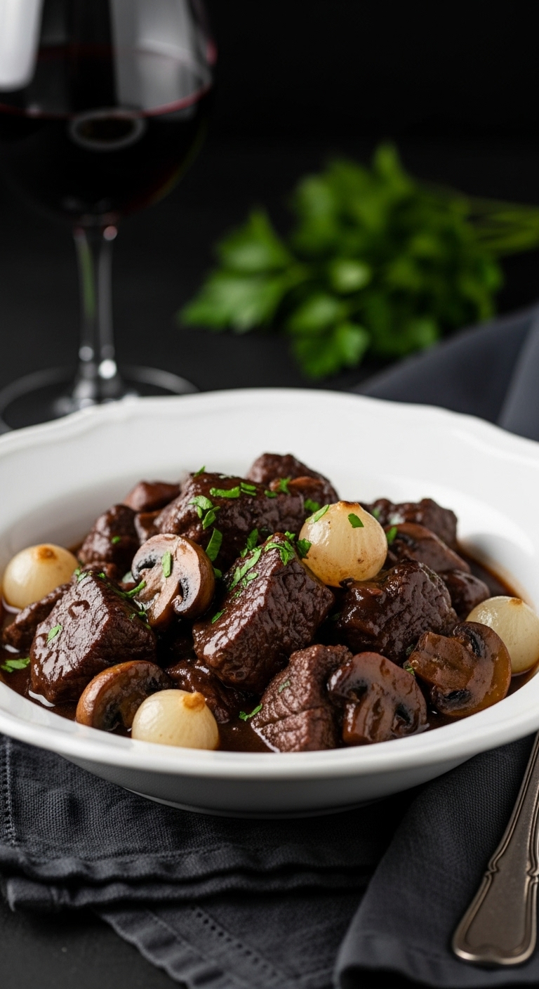 Beef Bourguignon In White Bowl With Tender Beef Mushrooms Pearl Onions Parsley And Glass Of Red Wine In Elegant Setting With Dramatic Low Key Lighting