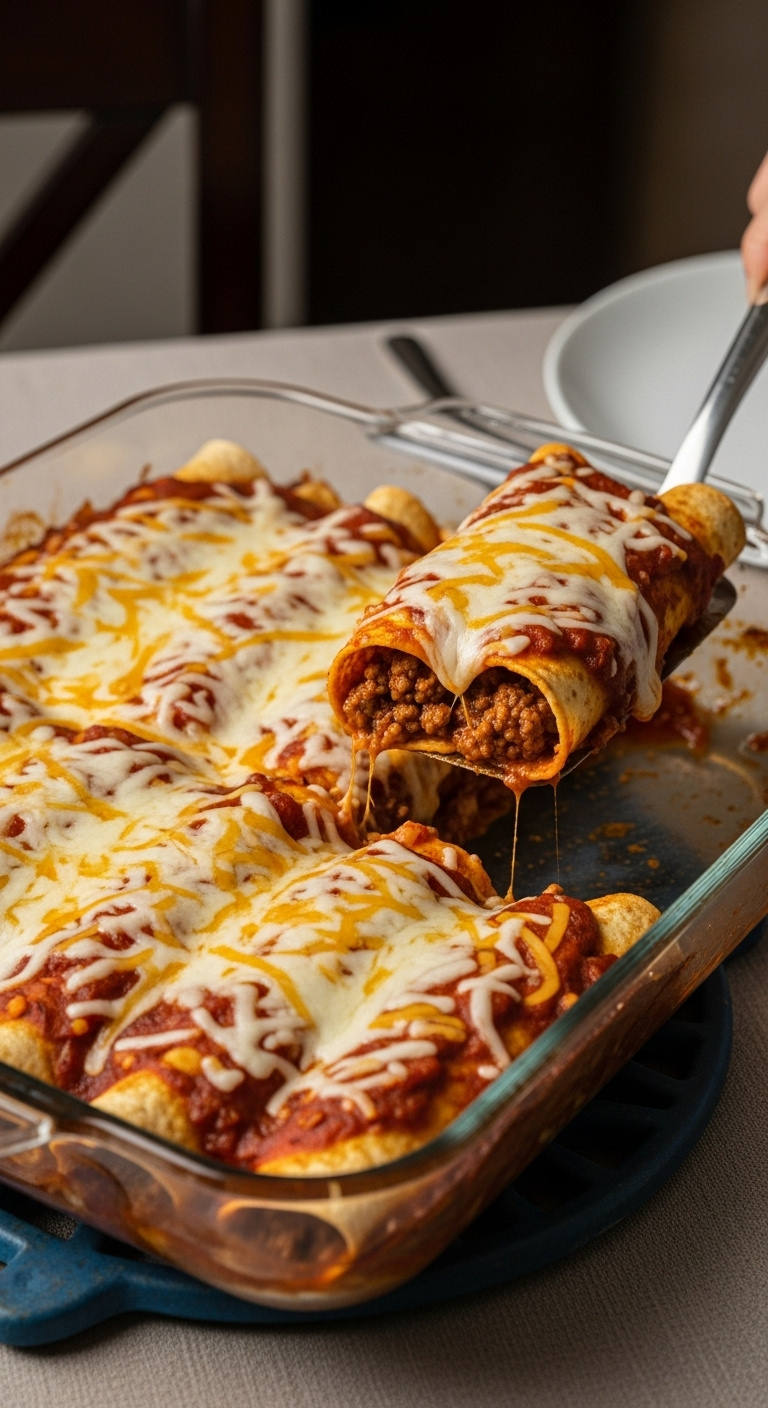 Beef-Enchiladas-In-Baking-Dish-With-Enchilada-Sauce-And-Melted-Cheese