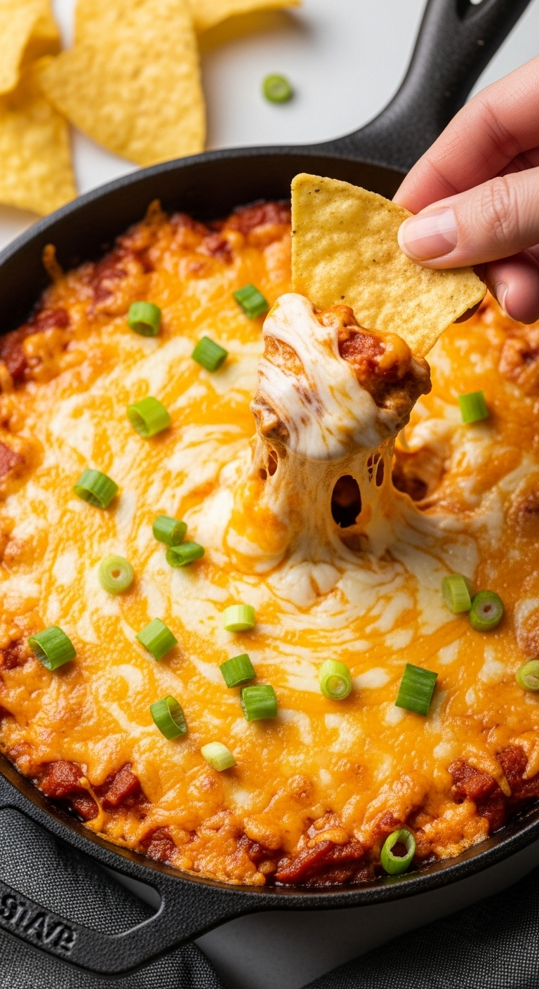 Best-Ever-Buffalo-Chicken-Dip-Cast-Iron-Skillet-Melted-Cheese-Tortilla-Chip-Green-Onions