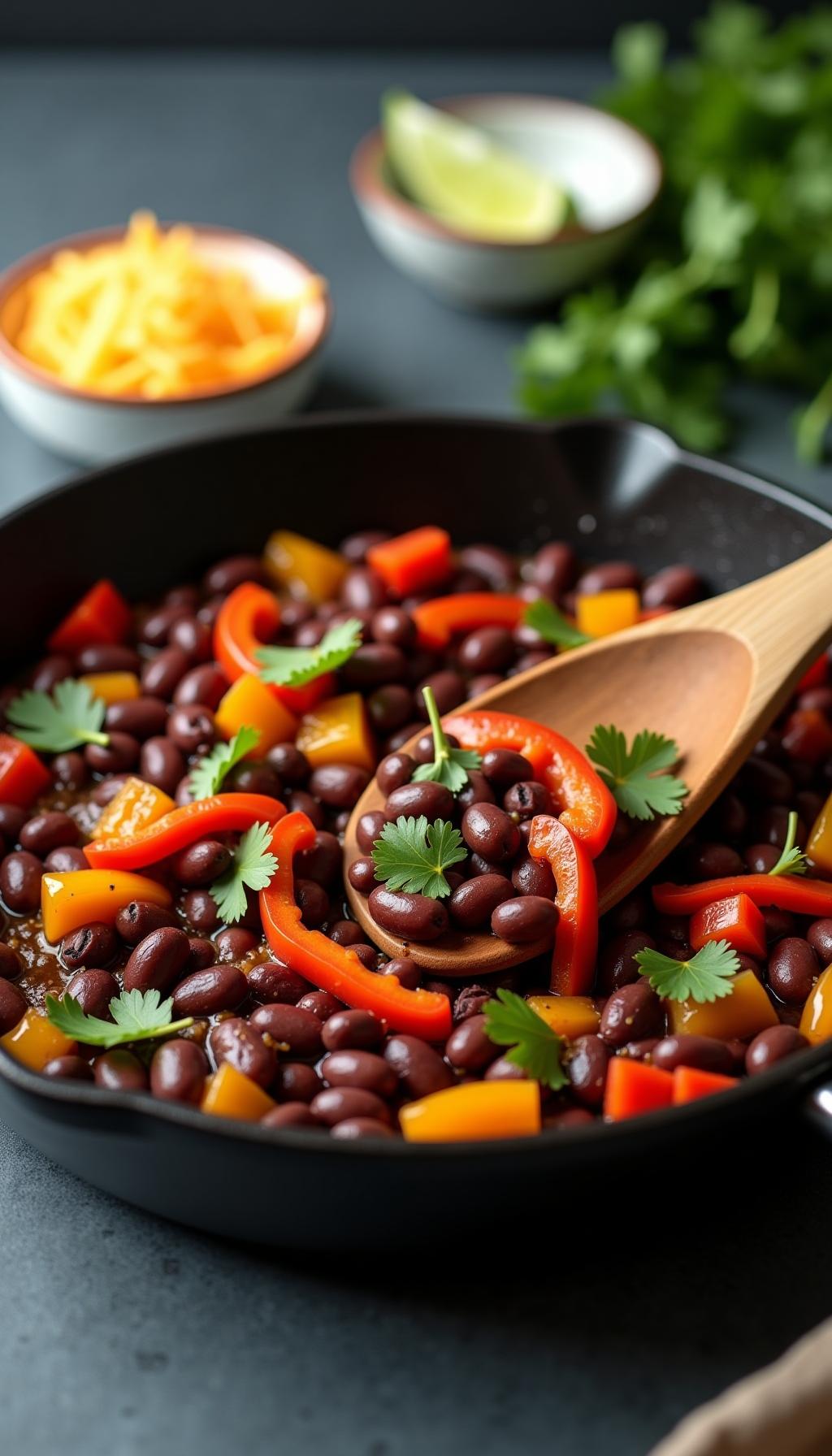 Black Bean And Fajita Vegetable Mixture In Cast Iron Skillet With Toppings And Wooden Spoon