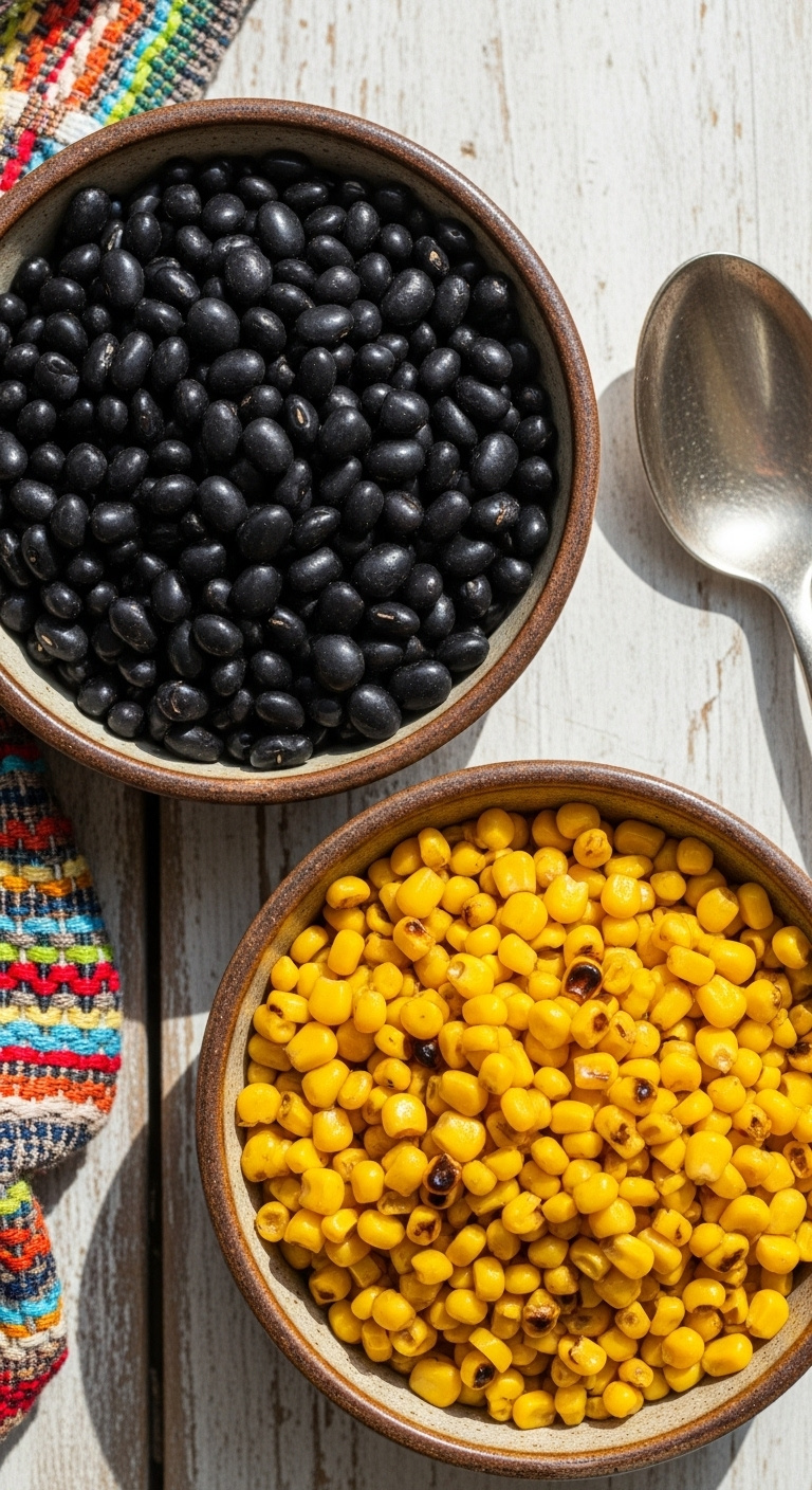 Black-Beans-And-Charred-Corn-In-Ceramic-Bowls-On-Wooden-Surface-With-Napkin