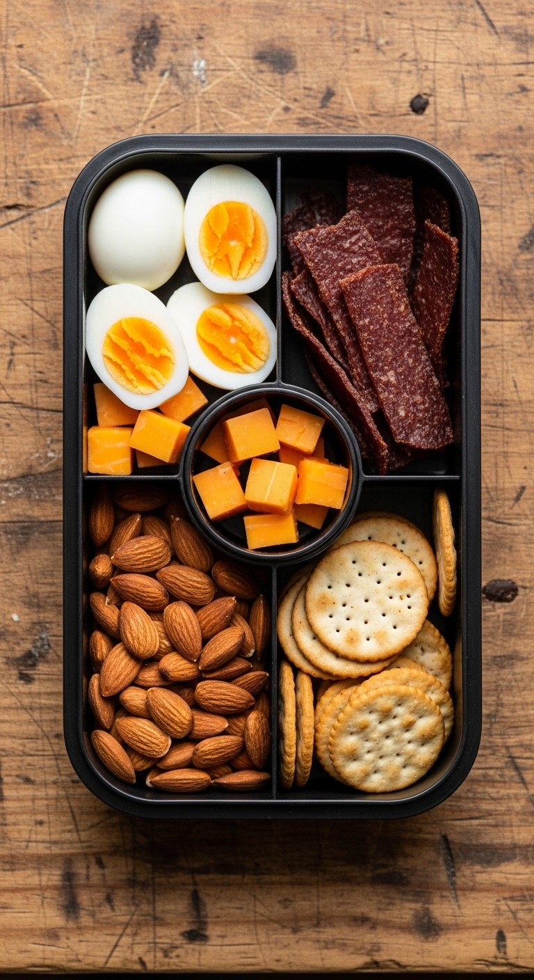 Blue-Collar-Bento-Box-Hard-Boiled-Eggs-Cheese-Cubes-Beef-Jerky-Almonds-Crackers-Rugged-Workbench