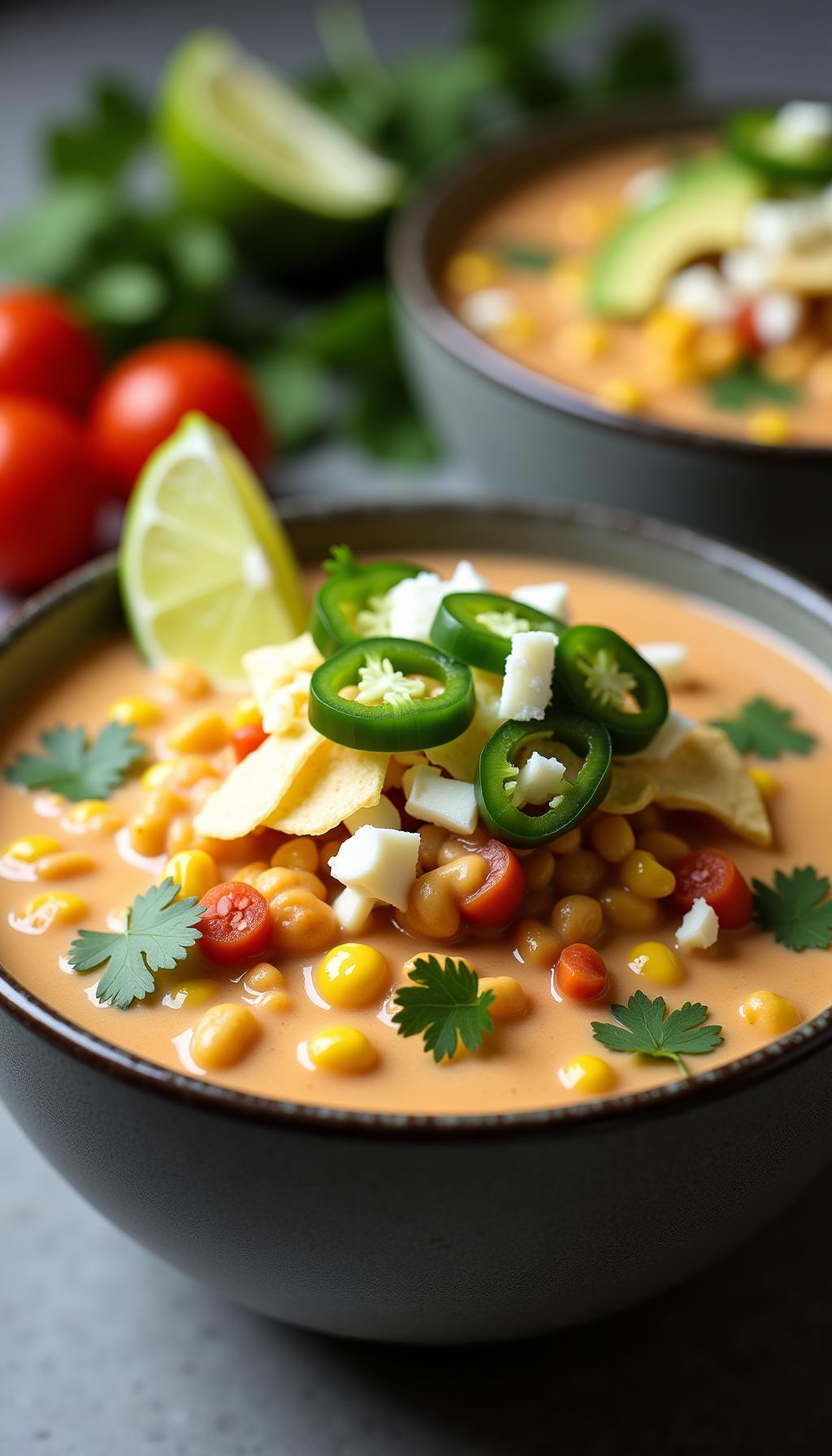 Bowl Of Mexican Street Corn White Chicken Chili With Cotija Cheese Avocado Cilantro Tortilla Strips And Lime Wedge