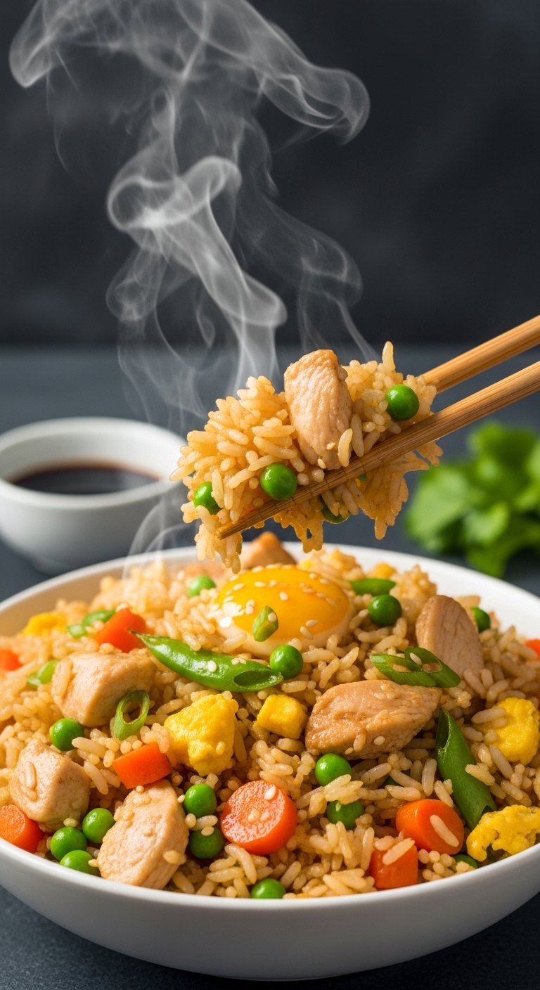 Bowl Of Chicken Fried Rice With Steam Rising And Chopsticks Lifting A Bite With Soy Sauce In The Background