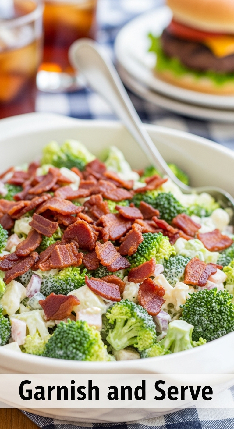Broccoli Salad Garnished With Crispy Bacon In Ceramic Bowl On Picnic Table