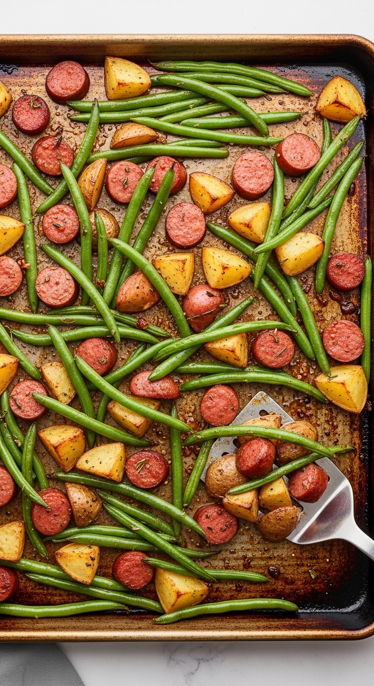 Caramelized Kielbasa Crispy Roasted Potatoes And Green Beans On Sheet Pan With Spatula Lifting Corner Showing Crispy Bottom