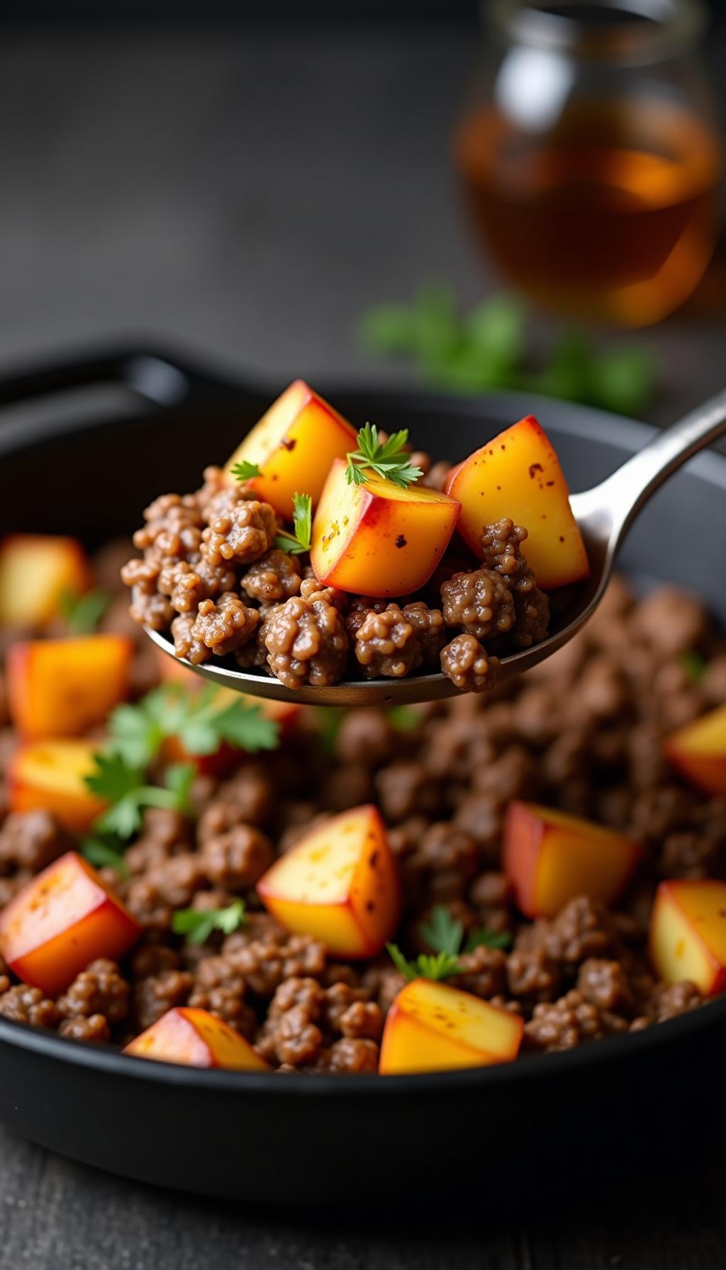 Cast Iron Skillet With Browned Ground Beef Crispy Potato Cubes And Parsley
