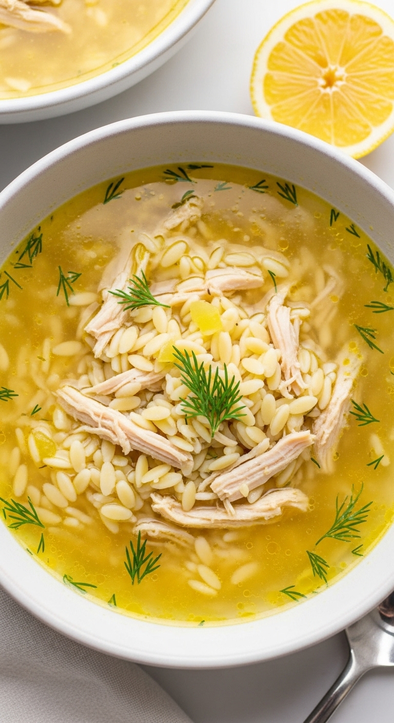 Ceramic Bowl Of Lemon Chicken Orzo Soup With Orzo Pasta Shredded Chicken Fresh Dill And Lemon Slice