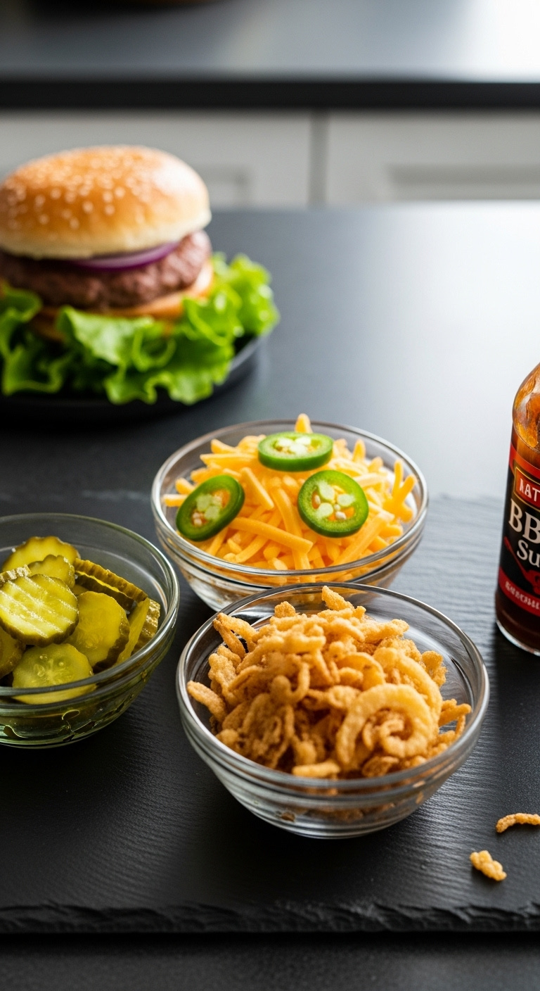 Cheeseburger-Meatloaf-Flavor-Variations-Dill-Pickles-Pepper-Jack-Jalapenos-French-Fried-Onions-Bowls