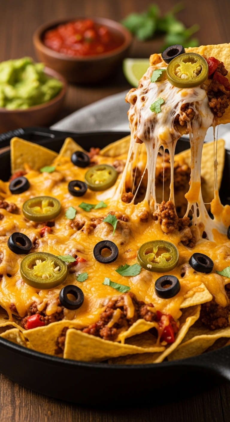 Cheesy-Baked-Nachos-With-Ground-Beef-Cheddar-Jack-Cheese-Black-Olives-And-Jalapenos