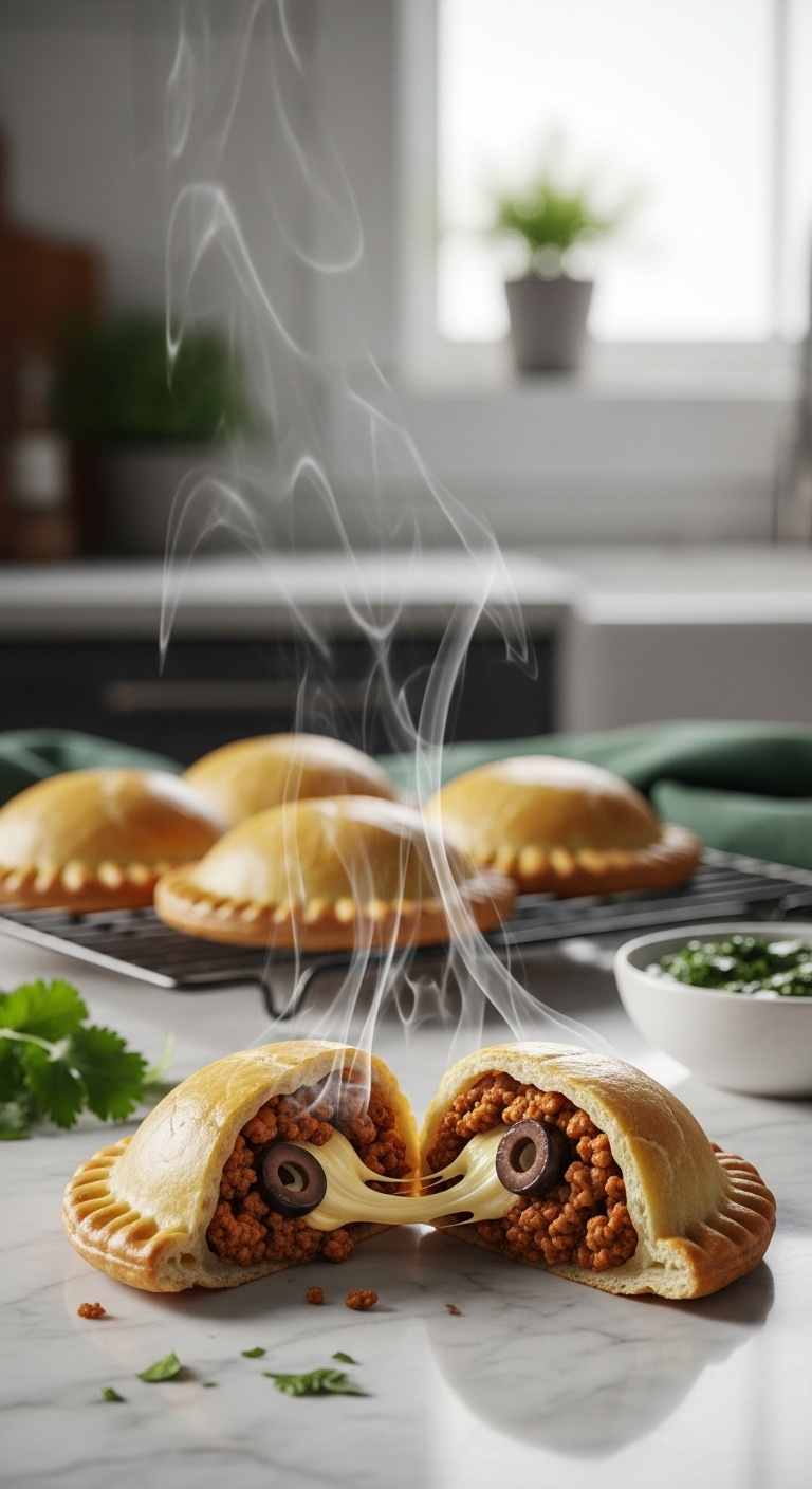 Cheesy-Beef-Empanada-Cut-In-Half-With-Cheese-Pull-On-Marble-Countertop