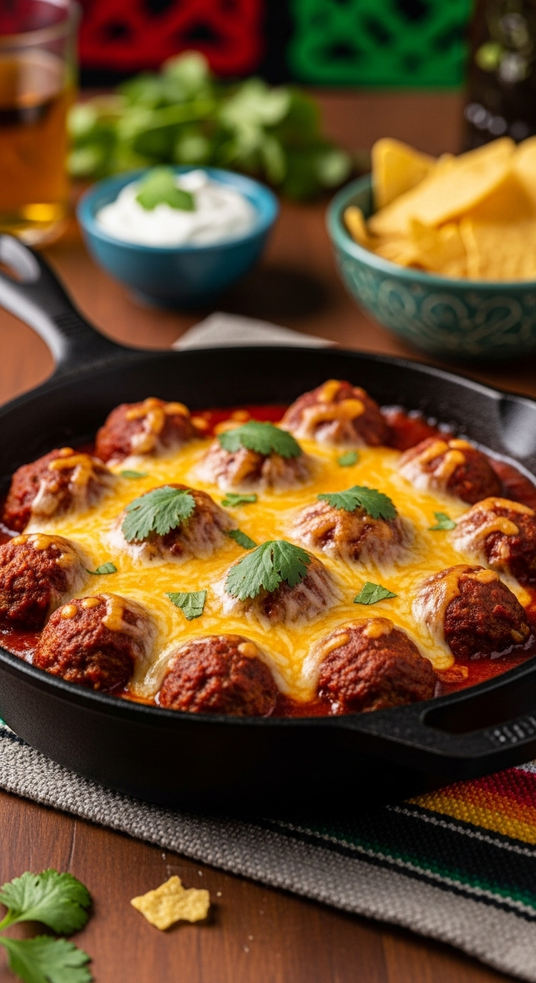 Cheesy-Enchilada-Meatballs-In-Cast-Iron-Skillet-With-Fiesta-Cheese-Cilantro-Sour-Cream