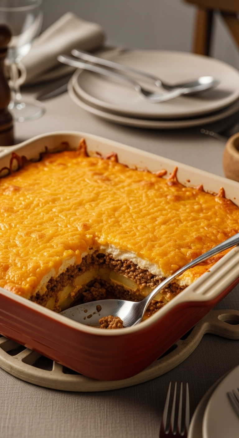 Cheesy-Ground-Beef-And-Potato-Casserole-Baked-Dish-Cheddar-Crust