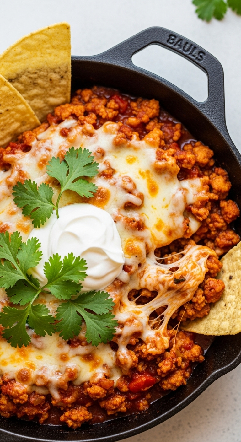 Cheesy-Ground-Turkey-Taco-Skillet-Sour-Cream-Cilantro-Tortilla-Chips