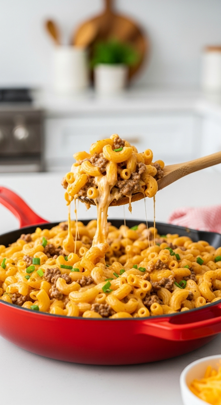 Cheesy-Homemade-Hamburger-Helper-In-Red-Skillet-With-Elbow-Macaroni-And-Ground-Beef