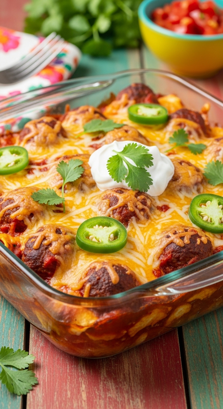 Cheesy-Meatball-Enchilada-Bake-With-Sour-Cream-Cilantro-Jalapeno-And-Salsa