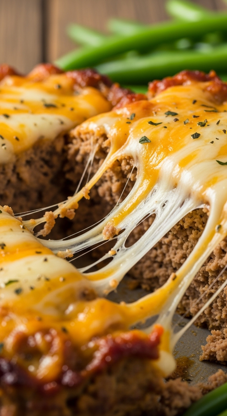 Cheesy Meatloaf Slice With Melted Cheese Pull On Rustic Wooden Table With Green Beans Side Dish