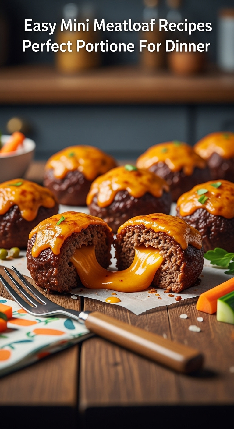 Cheesy Mini Meatloaves With Melted Cheddar Oozing And Caramelized Glaze On Rustic Wood Table With Vegetable Sticks And Kid Friendly Fork