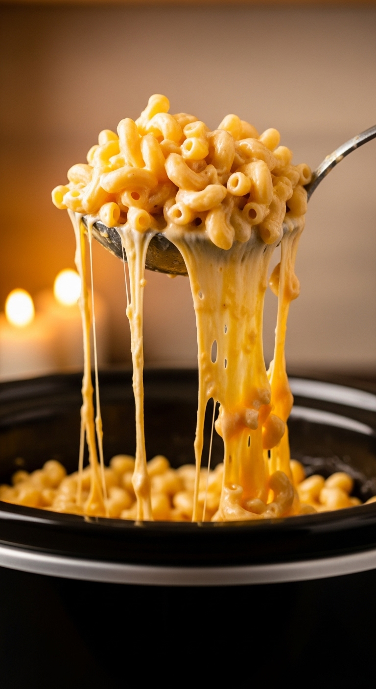 Cheesy Slow Cooker Mac And Cheese With Spoon Lifting Creamy Pasta And Dramatic Cheese Pull From Dark Crock Pot On Cozy Blurred Background