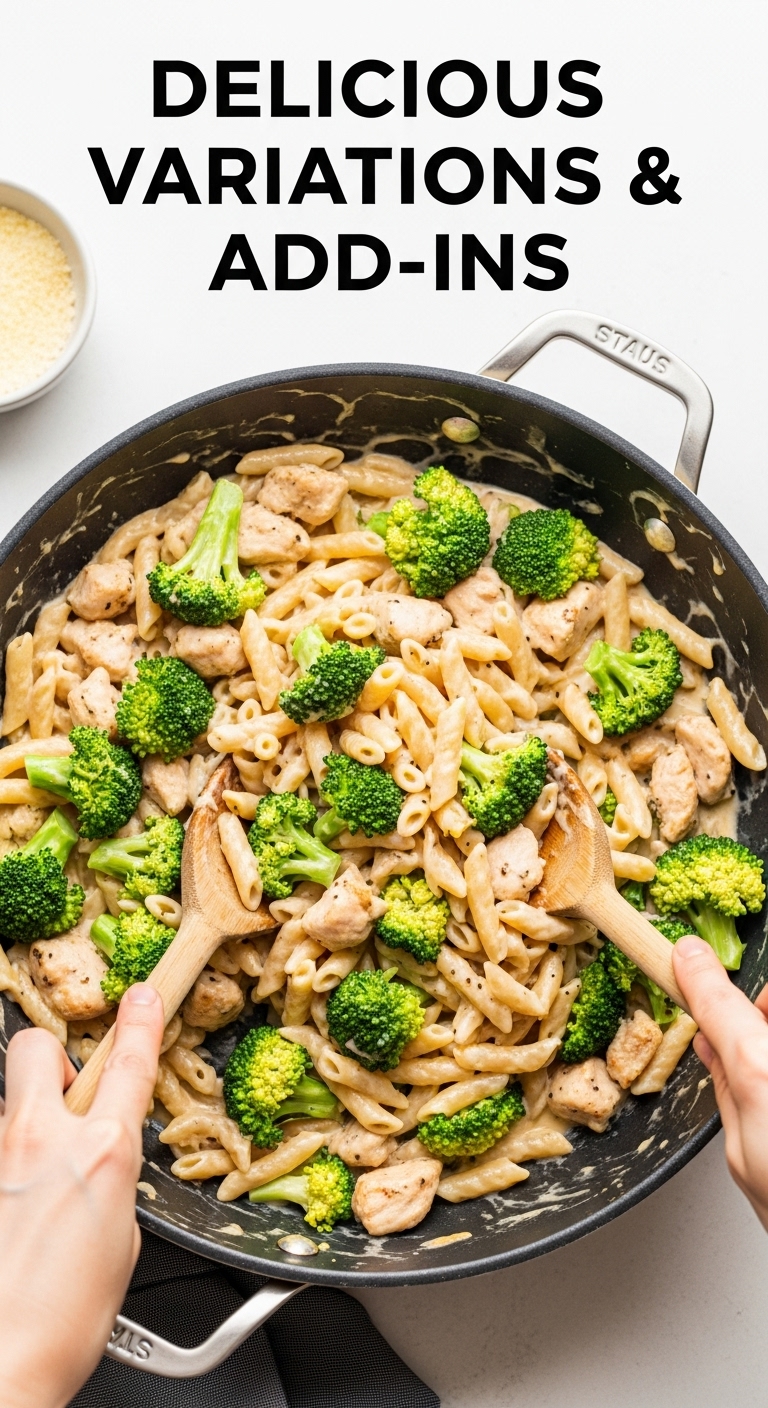 Chicken Alfredo With Broccoli Tossed In Skillet