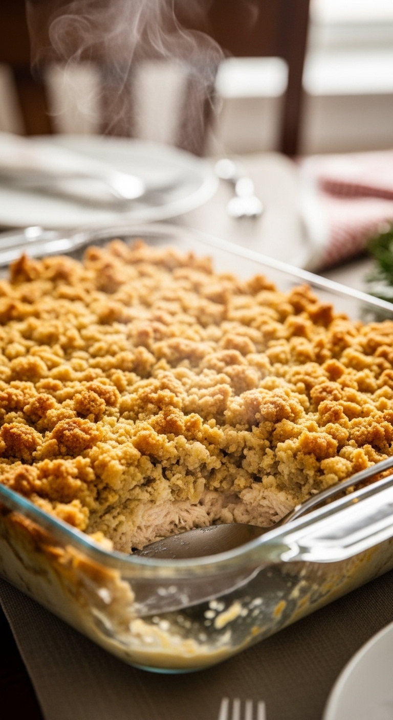 Chicken And Stuffing Casserole In Glass Dish With Golden Crisp Topping And Creamy Chicken Layer Underneath