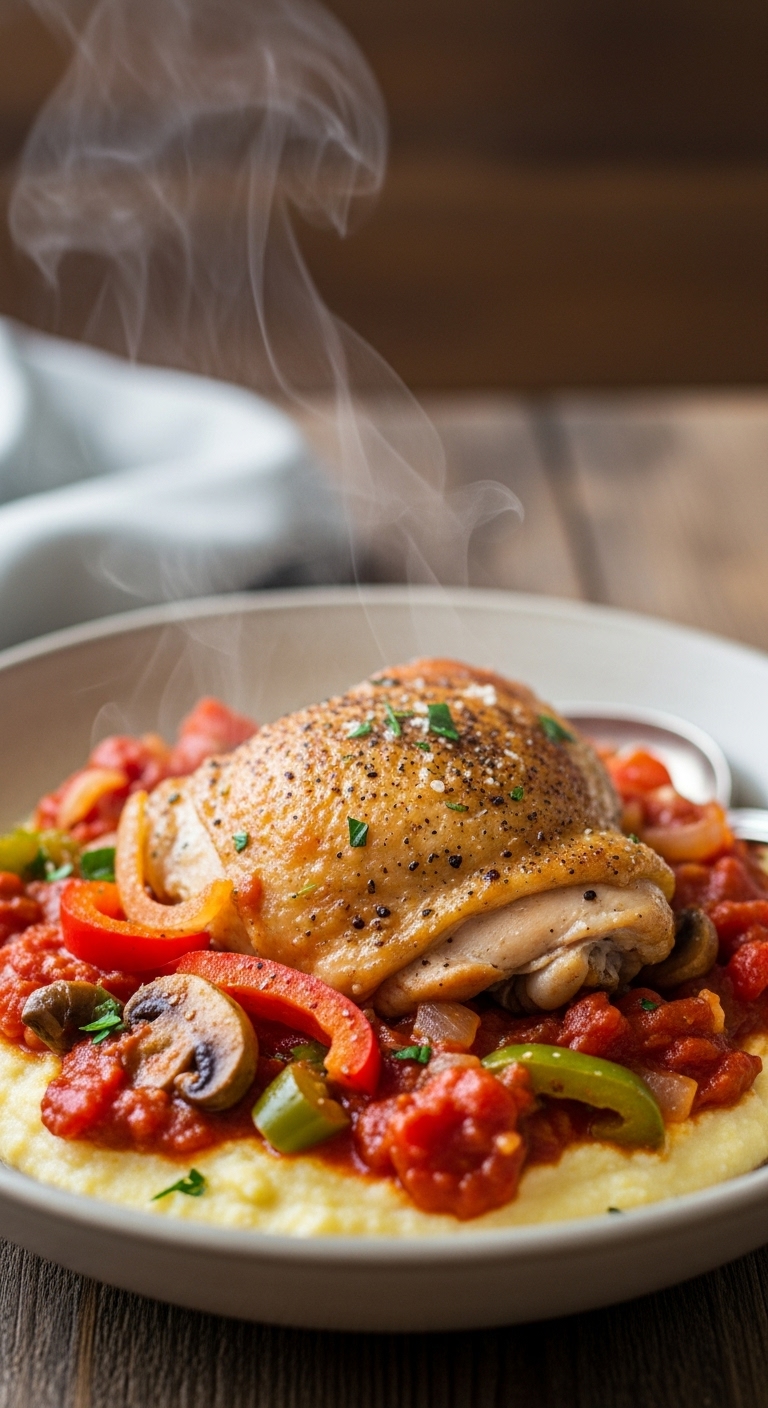 Chicken Cacciatore With Tender Chicken Thigh Colorful Peppers Onions Mushrooms In Tomato Sauce Over Creamy Polenta With Steam Rising