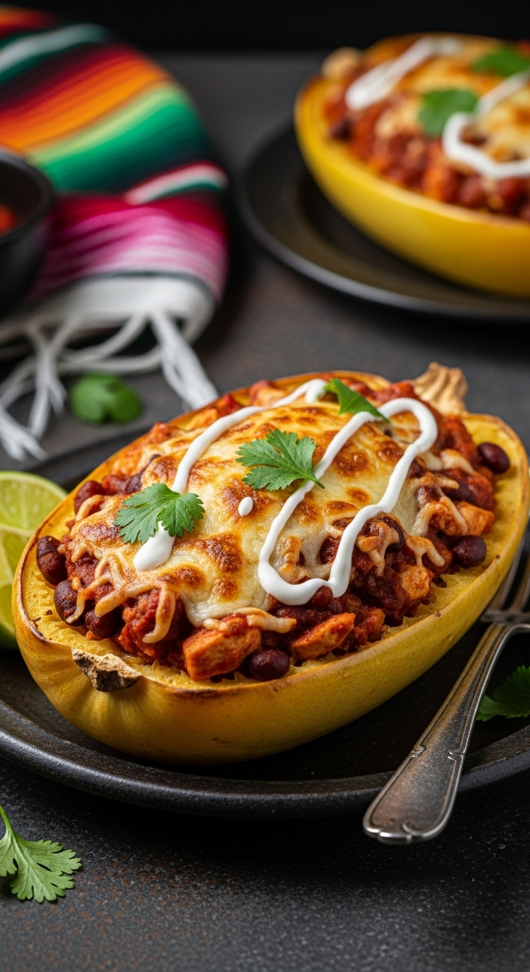Chicken Enchilada Stuffed Spaghetti Squash Boat With Chicken And Beans Melted Mexican Cheese Crema Cilantro On Dark Plate With Lime And Mexican Blanket Background