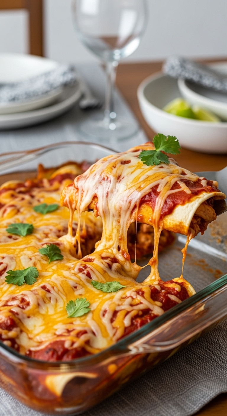Chicken-Enchiladas-Baked-Dish-Cheese-Pull-Cilantro-Garnish-Dinner-Table
