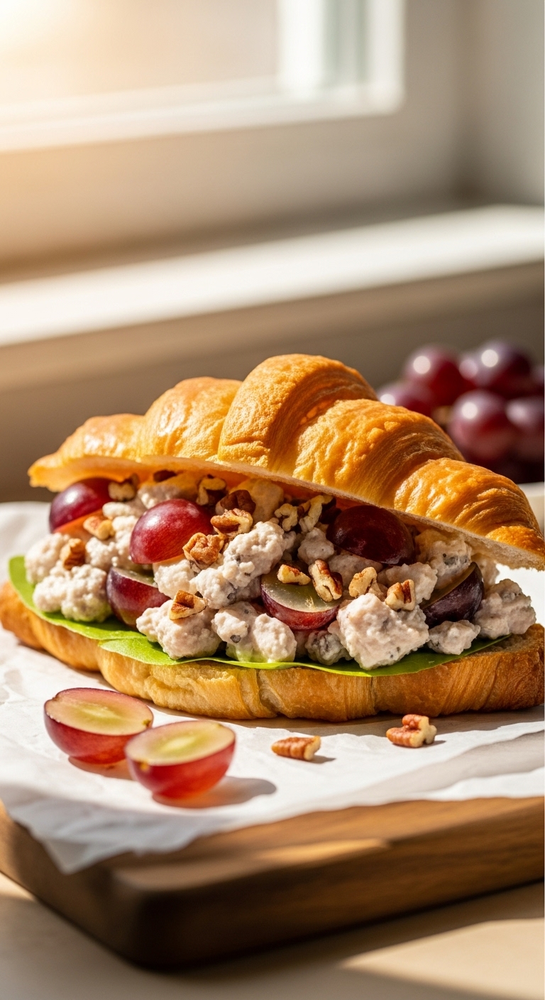 Chicken Salad Croissant Grapes Pecans Sandwich Wooden Cutting Board Blog Post