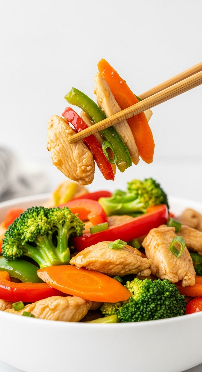 Chicken-Stir-Fry-Colorful-Vegetables-Chopsticks-Bite-Glossy-Veggies-White-Bowl