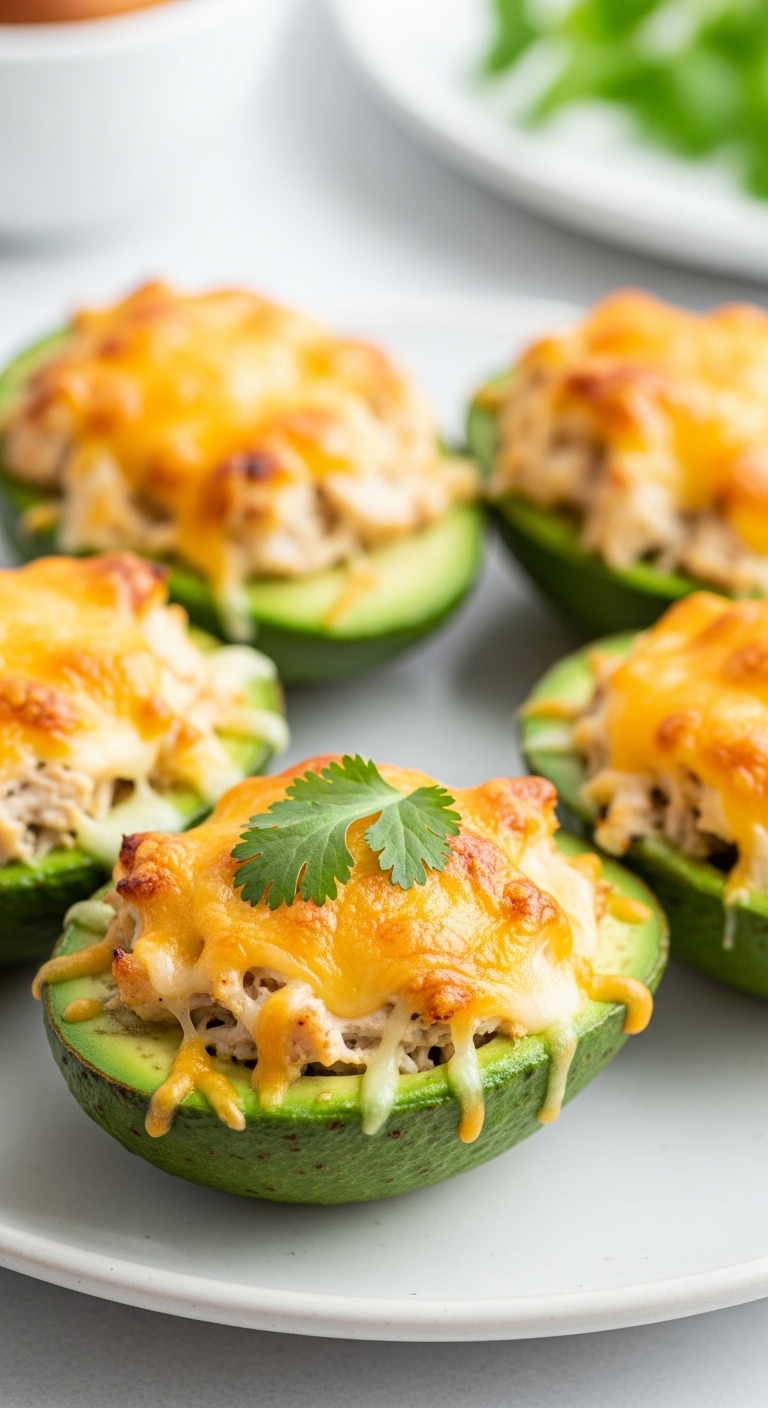 Chicken Stuffed Baked Avocados With Golden Melted Cheese And Cilantro Garnish On Light-Colored Plate